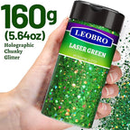LEOBRO Green Glitter, 160g/5.64oz Holographic Chunky Glitter for Crafts, Resin, Nail Body, Tumblers, Party Decorations