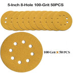 5-Inch 8-Hole Hook and Loop Sanding Discs 100-Grit Random Orbit Sandpaper, 50-Pack