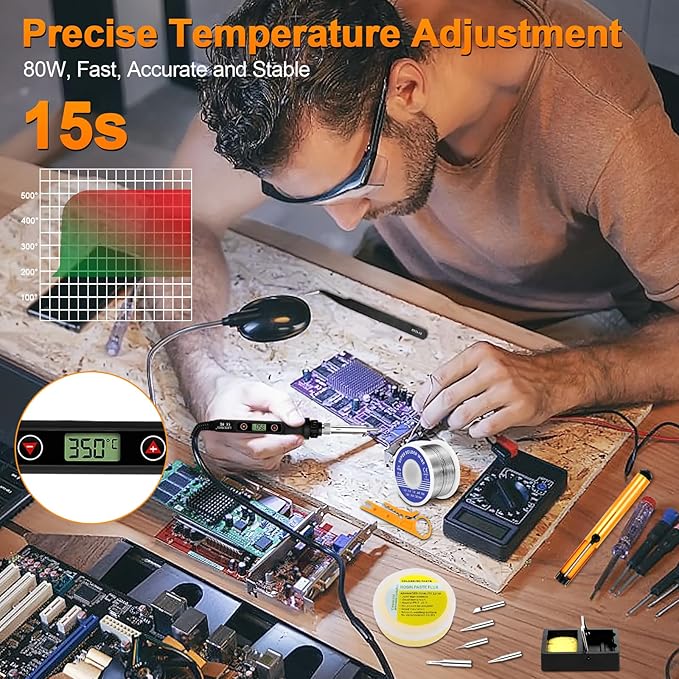 Soldering Iron Kit 80W LCD Adjustable Temperature 180-520℃ Solder Kit Electronics 13 in 1 Welding Tools with ON/OFF Switch, Solder Wire, Flux, 5 Soldering Tips, Desoldering Pump, Stand, Tweezers