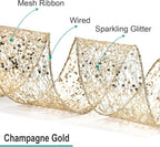 CT CRAFT LLC Sparkling Glitter Mesh Wired Ribbon 6" x 10 Yards Champagne Gold for Christmas Home Decor Bow Gift Wrapping DIY Crafts Wreath