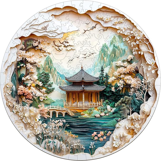 KAAYEE Wooden Puzzles for Adults, 3D Visual Effect Chinese Landscape Painting Wooden Jigsaw Puzzle Unique Shape Wood Puzzle Adult, 3D Effect Flat Puzzle Birthday Family Games (M-11.4*11.4 in-200pcs)