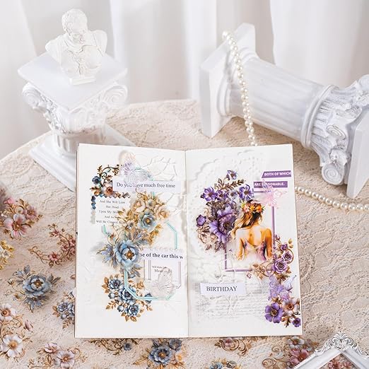 6PCS Baroque Flower PET Tape Set, Vintage Floral Pre-Cut Tapes for Journaling, Scrapbooking, and Junk Journal Ephemera, with Decorative Clip