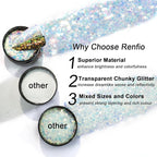 Renfio Opal Chunky Glitter - 1.75oz/50g Black Holographic Iridescent Glitters for Resin Nails Art, Hair, DIY Crafts & Snow