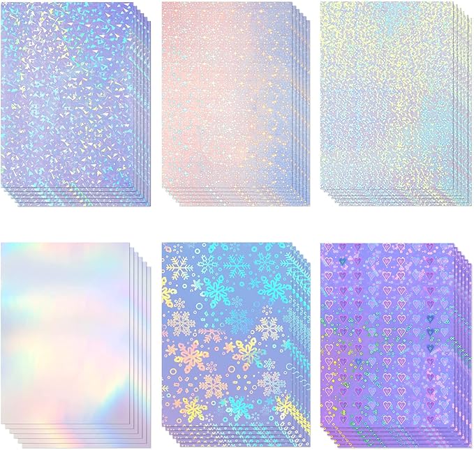 36 Sheets Holographic Sticker Paper Clear A4 Vinyl Sticker Paper Self Adhesive Waterproof Transparent Film Gem Rainbow Star Patterns, 11.7 x 8.3 Inch (Gem,Rainbow,Spot,Star,Snowflake,Heart)