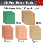 25 PCS Sandpaper, Sandpaper Assortment for Wood Metal Furniture Hand Sander Sand Paper 80/120/150/220/320 Grit Sandpaper Sheets Cut for Use 9" x 11"