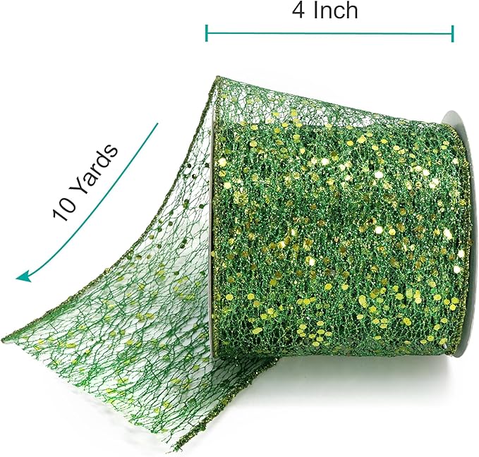 CT CRAFT LLC Sparkling Glitter Mesh Wired Ribbon 4" x 10 Yards Green for Christmas Home Decor Bow Gift Wrapping DIY Crafts Wreath