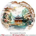 KAAYEE Wooden Puzzles for Adults, 3D Visual Effect Chinese Landscape Painting Wooden Jigsaw Puzzle Unique Shape Wood Puzzle Adult, 3D Effect Flat Puzzle Birthday Family Games (L-13.4*13.4 in-285pcs)