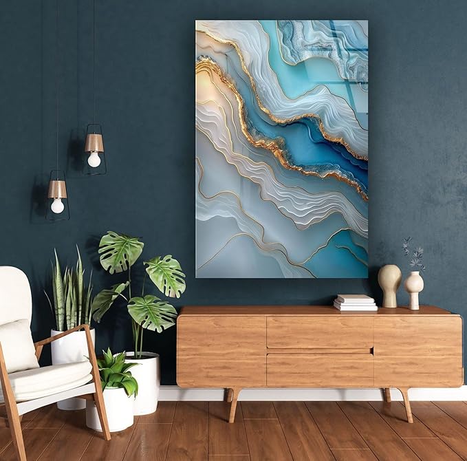 My Photostation.com 14Wx20H'' Turquoise and Blue Alcohol ink Glass Wall Art Tempered Glass Printing Wall Decor Large Wall Art Wall Hangings