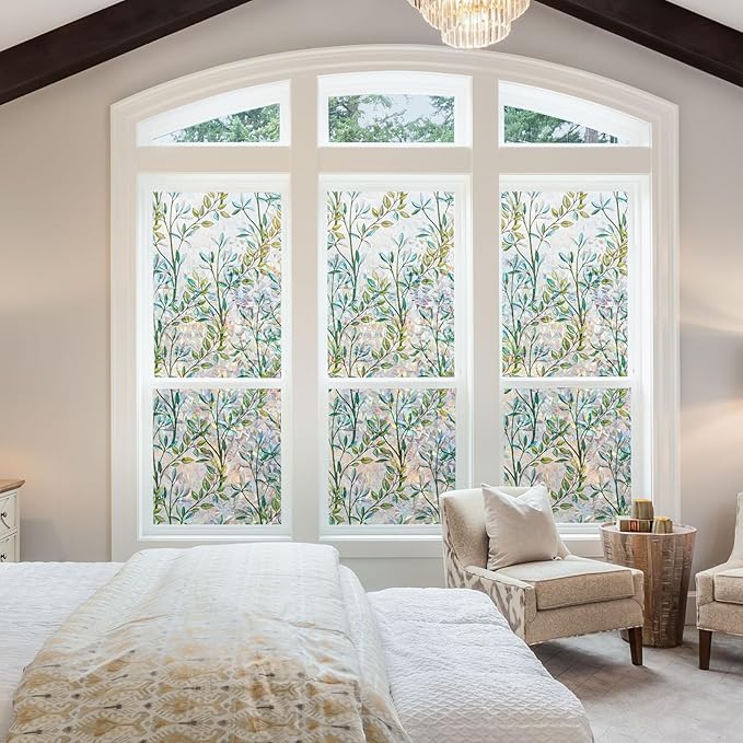 NINETREX Stained Glass Window Film 3D Decorative Cling, Sun Blocking Static Cling Removable Film for Glass Door, Home Decor Window Cover Non-Adhesive 45.2 x 157.4 inches, Leaf