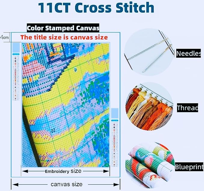 Joyhoor Stamped Cross Stitch Kits for Beginners, Needlepoint Kits for Adults, 11CT Counted Embroidery Kits-Colorful Flowers 18x18 inchs