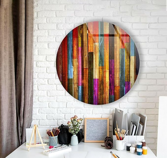 My Photostation.com 20''(50cm) Diameter Colorful Wood Pattern Round Glass Wall Art Tempered Glass Printing Wall Decor Large Wall Art Wall Hangings