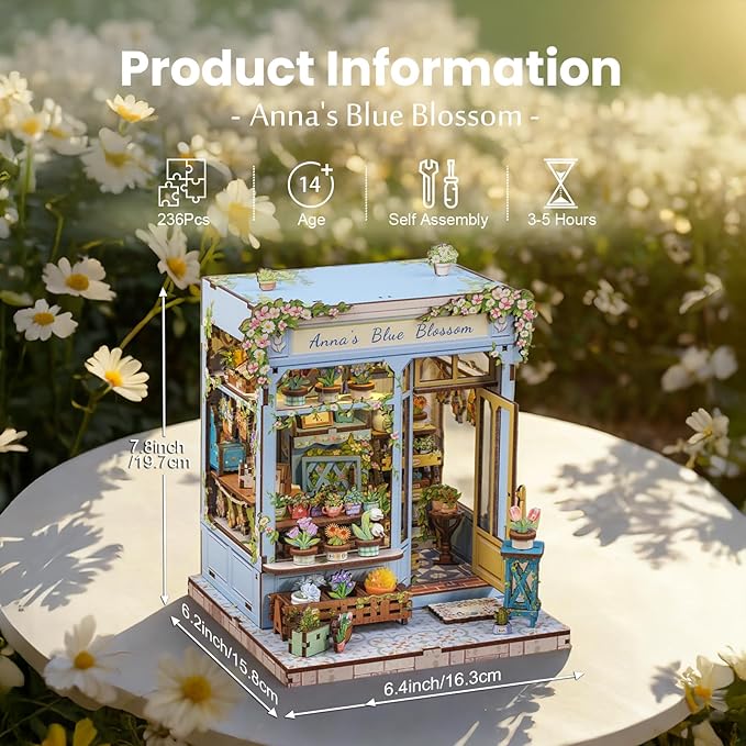 Fsolis Book Nook Kit - DIY Scene Miniature Dollhouse Kit for Adults, Bookshelf 3D Puzzles 255PCS, Tiny House Mini Flower Shop Model Booknook Craft, Gifts for Women Puzzle Lovers (Anna's Blue Blossom)