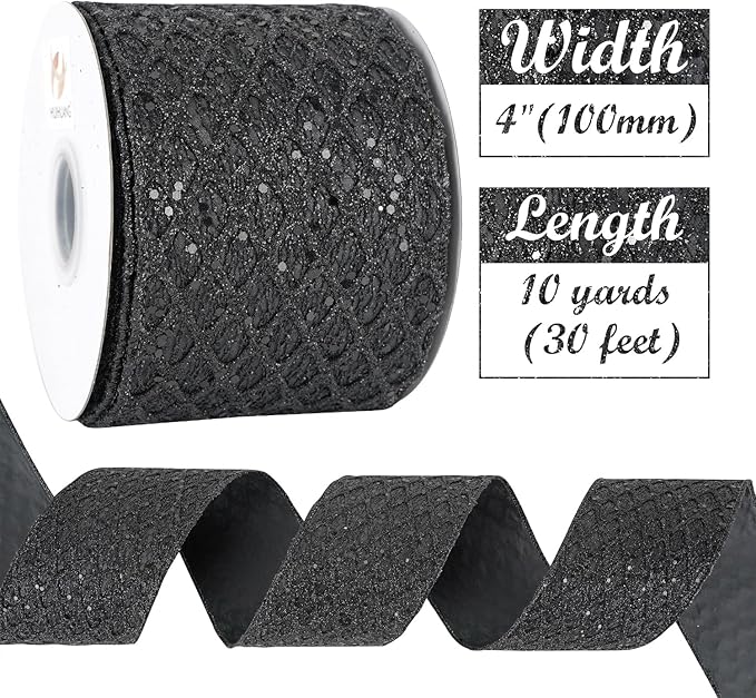 HUIHUANG Black Glitter Wired Ribbon 4 inch Black Christmas Tree Ribbon Diamond Mesh Wire Ribbon for Tree Decorations, Wreaths, Garland, Large Bows Making, Halloween Decor -10 Yards