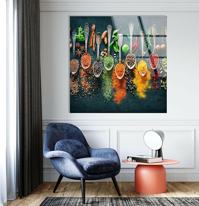 My Photostation.com 28Wx18H'' Spoon Spices Glass Wall ArtTempered Glass Printing Wall Decor Large Wall Art Wall Hangings