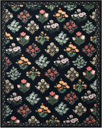 Wonnitar Floral Print 8x10 Washable Rug, Non Slip Black Dining Room Rug, Moroccan Large Stain Resistant Low Pile Indoor Carpet for Bedroom Playroom Home Decor, Black/Multi