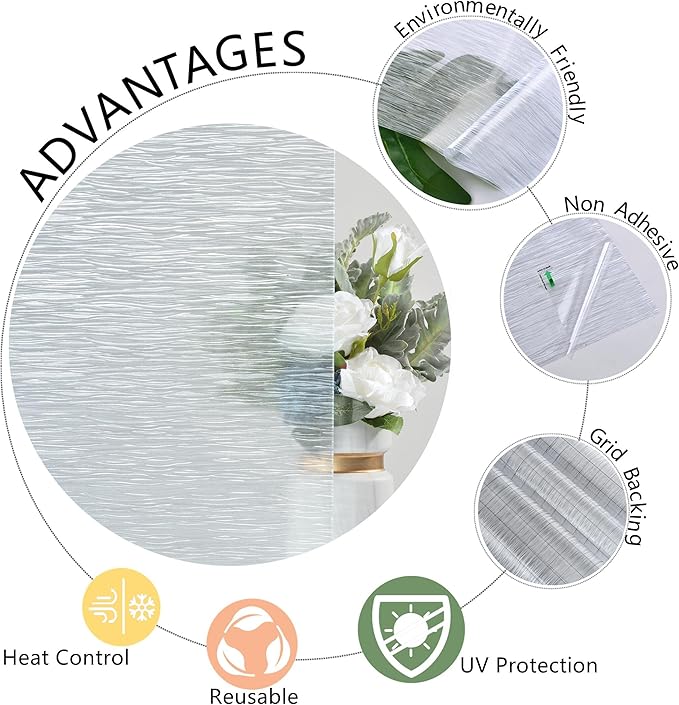 VELIMAX Frosted Window Privacy Film Non Adhesive Window Cling Removable Glass Covering Clear Water Opaque Window Film for Home Anti UV 17.7x157.4 inches