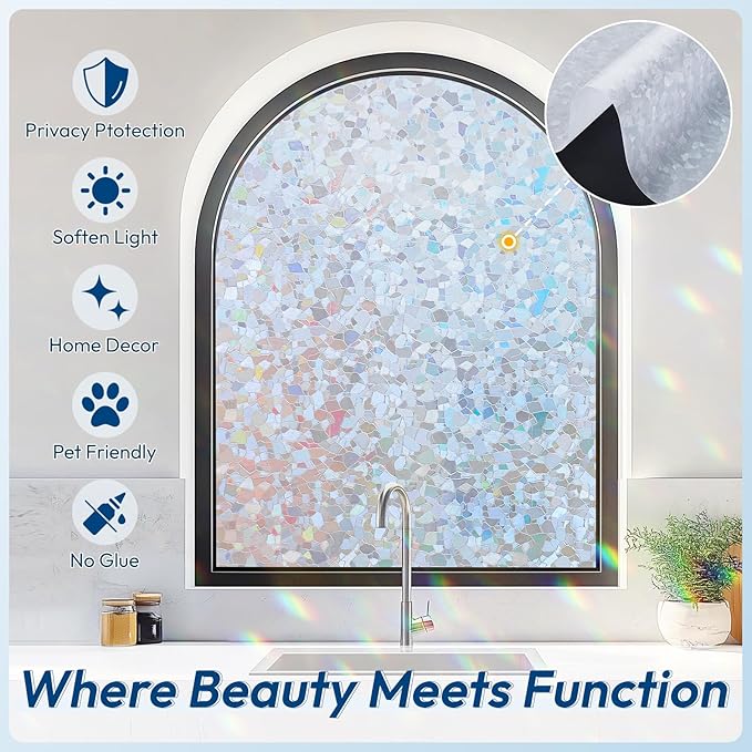 rabbitgoo Rainbow Window Privacy Film Decorative Stained Glass Diamond Pattern Window Sticker with Iridescent Tint Non-Adhesive Static Cling for Home Office Crystal Pattern, 35.4 x 78.7 inch