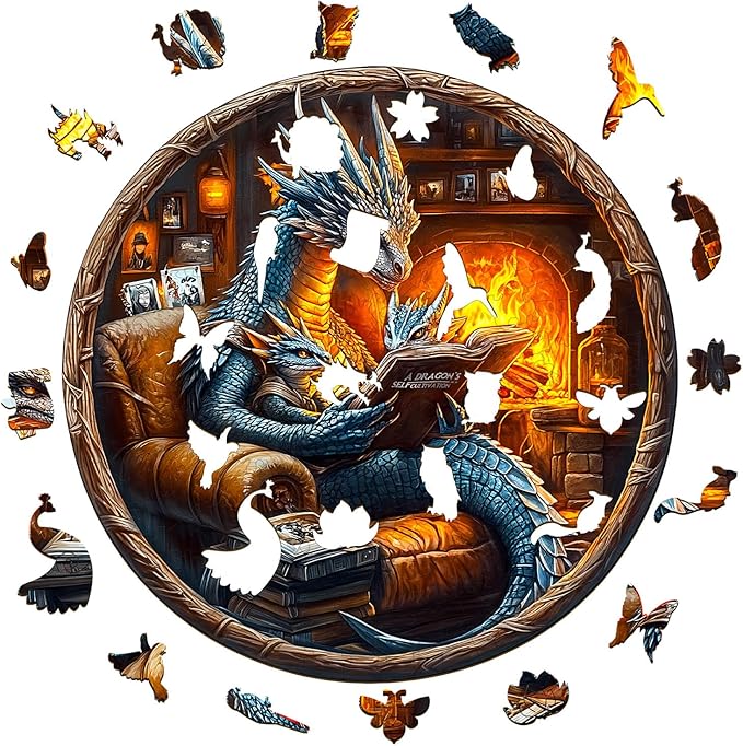 Wooden Puzzles for Adults, Dragon Family Night Reading Wooden Jigsaw Puzzle 450 PCS Unique Shape Wood Puzzle Adult, 3D Visual Effect Flat Puzzle Birthday Family Games (XL-17.3 * 17.3in)
