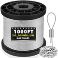 316 Stainless Steel Cable, 1000FT 1/32IN Wire Rope with 250Pcs Aluminum Sleeves Stops, for String Lights Hanging, Clotheslines, Trellis Wire