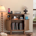 Large Round Record Player Stand with Charging Station & USB Ports，Record Storage Cabinet, Mid Century Modern Turntable Stand for Bedroom Living Room (Small Brown)