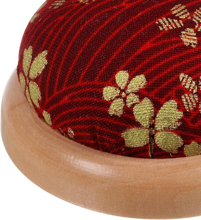 HARFINGTON Pin Cushion Wooden Base Japanese Style Round Pincushion Needle Holder for Sewing Quilting Needlework DIY Crafts, Dark Red