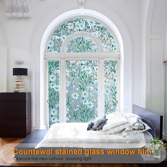 Window Privacy Film Stain Glass Window Film Rainbow Window Film Window clings Non-Adhesive Reusable Decorative for Room (Daisy Rainbow, 45.2 x 157.4 in)