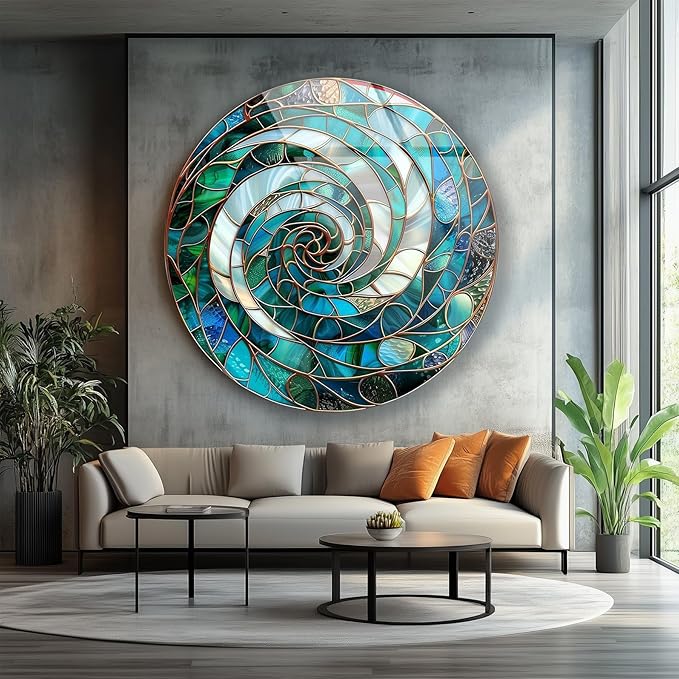 My Photostation.com 24''(60cm) Diameter Aqua Spiral Harmony Round Glass Wall Art Tempered Glass Printing Wall Decor Large Wall Art Wall Hangings