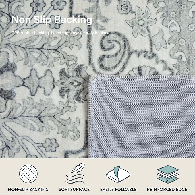 Lahome Washable Runner Rug 2x5, Bohemian Laundry Room Rug Low Pile Bathroom Runner Rugs with Rubber Backing, Printed Non-Slip Throw Carpet Runners for Kitchen Hallway Bedside, Beige
