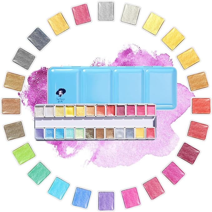 Paul Rubens Professional Metallic Watercolor Paints Set, Pearl Paint, Portable Metal Case with Palette, Set of 24 Half Pans, Art Supplies for Artists, Beginners, Hobbyists, Students