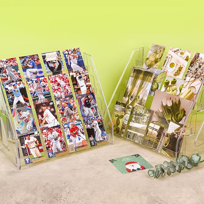 2 Pack Elevated 4 Tier Clear Acrylic Card Display Stand for Trading Cards, Sports Cards, Greeting Cards, Stickers – Slanted Holder for PSA Slabs, Vendors, Collectors & Retail (4 Tier 2 Pack)