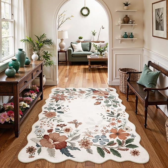 Beeiva 5 x 7 Area Rugs - Scalloped Floral Printed Beige Playroom Rug for Dorm Non Slip Washable Neutral Area Rug Soft Ultra-Thin Aesthetic Throw Carpet for Kids Room Nursery Living Room(Beige,5x7ft)