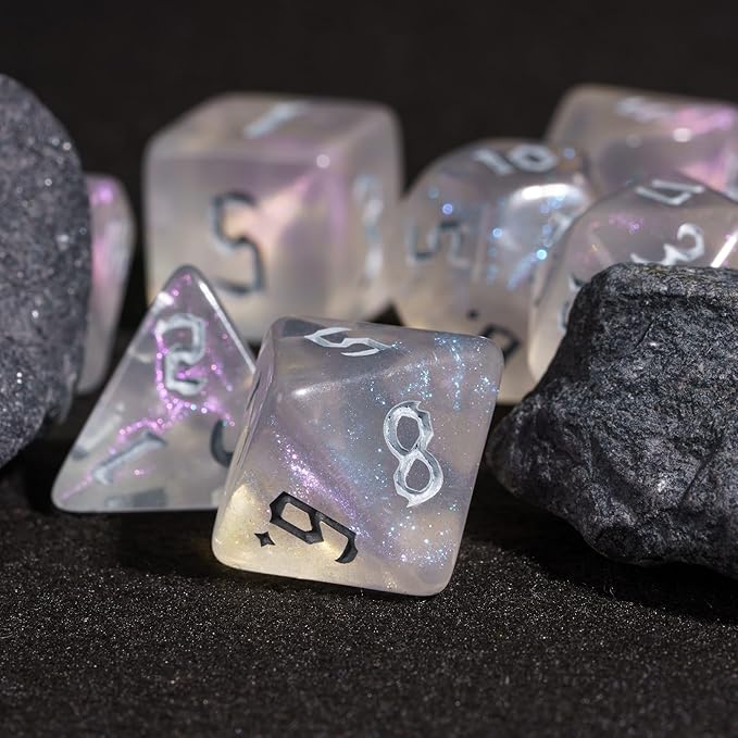 7-Die DND Dice Set Polyhedral Dice Set with Leather Bag D&D Dice Set for RPG Table Games (Transparent w/Glitter)