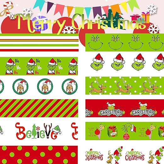 Christmas Washi Tape Set - 12 Rolls with Funny Cartoon Character Design in Green and Red for Festive Crafting and Gift Wrapping - 196.85ft Total Length