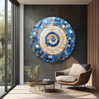 My Photostation.com 10''(25cm) Diameter Coastal Sunburst Beige & Blue Round Glass Wall Art Tempered Glass Printing Wall Decor Large Wall Art Wall Hangings