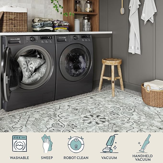 Lahome Washable Runner Rug 2x5, Bohemian Laundry Room Rug Low Pile Bathroom Runner Rugs with Rubber Backing, Printed Non-Slip Throw Carpet Runners for Kitchen Hallway Bedside, Beige