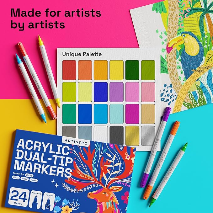 ARTISTRO 24 Dual Tip Brush + Fine Acrylic Paint Markers - Easy for All Ages & Levels Paint Pens for Fabric, Rock, Glass, DIY - Halloween Pumpkin Painting Kit, Art Supplies, Christmas Gift