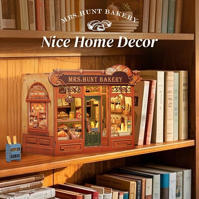 Cutefun Book Nook Kit - DIY Miniature House Dollhouse Kit, Book Nook Kits for Adults, Bookshelf Insert Bookend with LED Light for Teens and Adults (Mrs.Hunt Bakery)