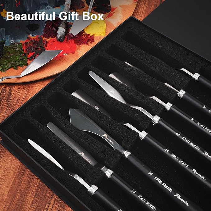 PHOENIX High Flexible Palette Knife Set, 8 Pieces Stainless Steel Painting Knives (31,41,42,43,44,46,51,52) Art Knife with Wood Handle, Paint Spatula for Oil Acrylic Paint