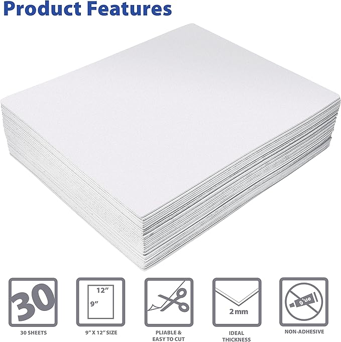 Better Office Products White EVA Foam Sheets, 30 Pack, 2mm Thick, 9 x 12 Inch, White Color, for Arts and Crafts, 30 Sheets Bulk Pack