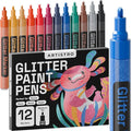 ARTISTRO 12 Glitter Paint Pens Sparkly and Shiny for Glass, Rock Painting, Ceramic, Wood, Fabric, Scrapbooking, DIY Craft Making, Coloring - Acrylic Paint Markers Medium Tip 3.0mm