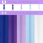 DOITEM 15.3 Yards/ 14 m 5 Pieces Assorted Colors #3 Nylon Coil Zippers, Sewing Zippers Endless Zips with 20 Pieces Zipper Sliders Zip Heads for DIY Sewing Tailor Craft Supplies (Purple Blue White)