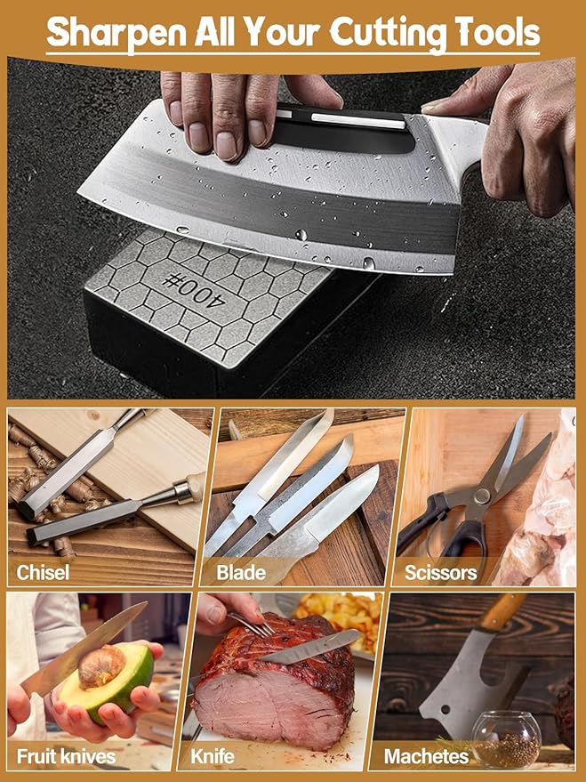 9PCS Diamond Sharpening Stones, Kalolary Knife Sharpener Stone Grit Diamond Sharpener Plate with Angle Guide Leather Strop Non-slip Base for Kitchen Outdoor Knife (80/200/400/600/1000/1200/1500 Grit)