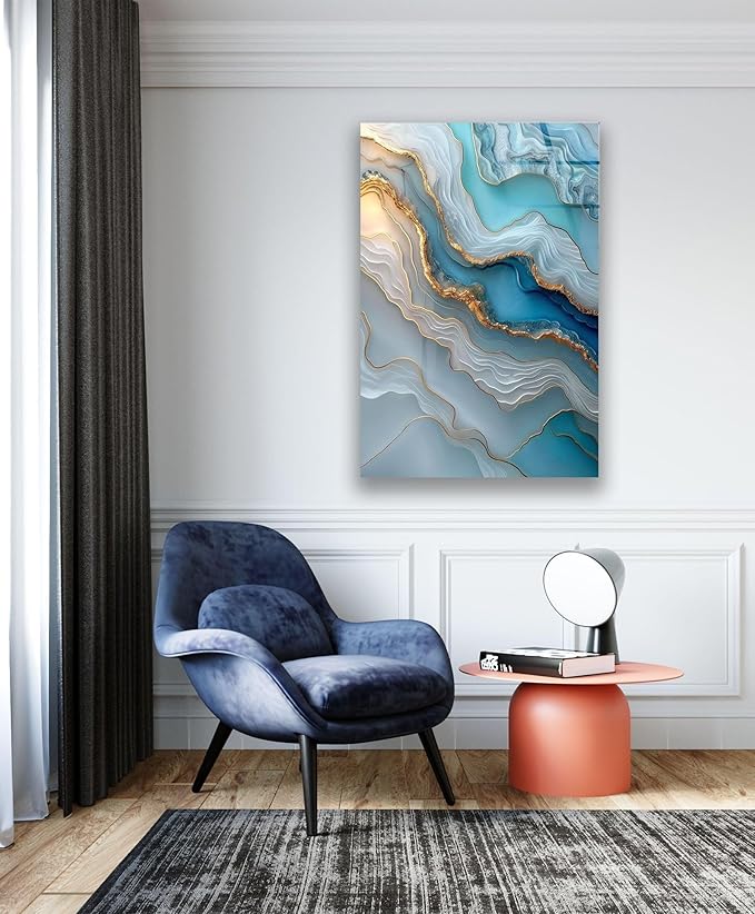 My Photostation.com 40WX60H'' Turquoise and Blue Alcohol ink Glass Wall Art Tempered Glass Printing Wall Decor Large Wall Art Wall Hangings