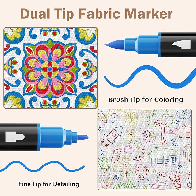 Fabric Markers Permanent for Clothes, Dual Tips Fabric Paint Pens No Bleed for Canvas, T-Shirts, Bags, and Textile - Quick Dry & Non-Toxic for Kids Adults, 5 Pack