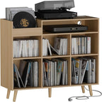 Cozy Castle Large Record Player Stand, Vinyl Storage Cabinet Mid Century Modern Turntable Stand Media Console Table Open Shelf Cube CD Album Holder Organizer for Living Room, Office, Oak