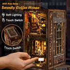[2025 New] Coffee House Book Nook Kit with Dust Cover & LED Light, DIY Miniature House Kit Toy, 3D Wooden Puzzle Bookshelf Decor Building Kit, Birthday Gifts for Family & Friends