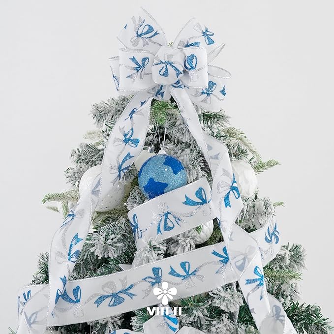 MEEDEE Blue & Silver Christmas Ribbon, 2.5 Inch Wired Satin Ribbon with Turquoise & Silver Glittery Bows, 10 Yards (30 Feet), Perfect for Tree, Garlands, Toppers & Bows