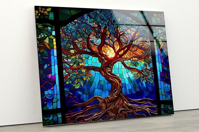 My Photostation.com 20Wx14H'' Stained Blue Life of Tree Glass Wall ArtTempered Glass Printing Wall Decor Large Wall Art Wall Hangings