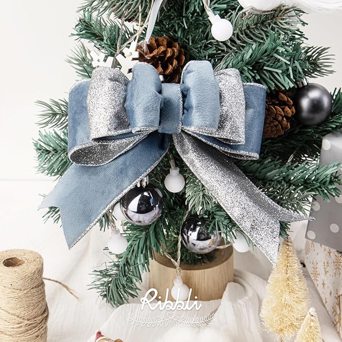 Ribbli Dusty Blue Velvet Wired Ribbon 2.5 Inch Dusty Blue Velvet with Silver Glitter Christmas Ribbon for Christmas Tree Decoration Big Bow Gift Wrapping Crafts Wreaths Supplies- 10 Yards