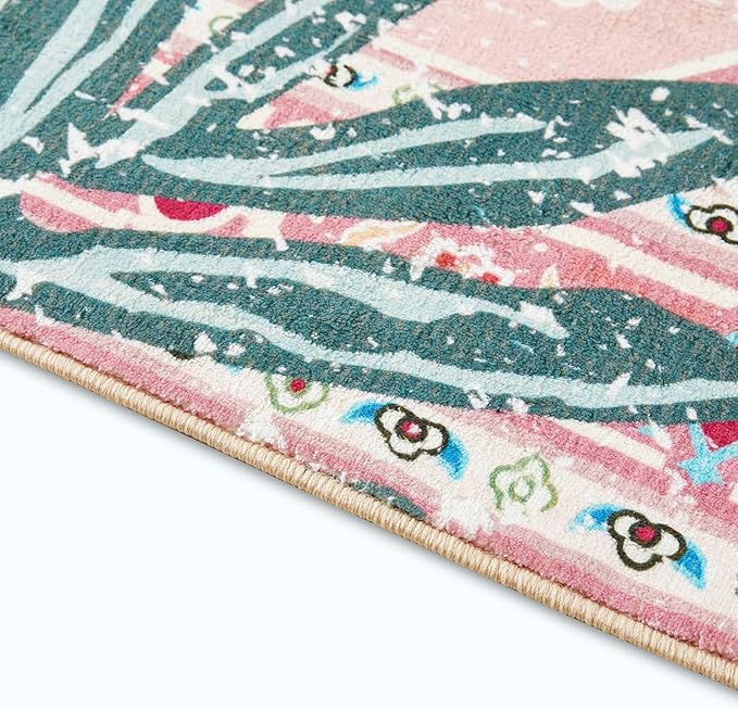 Oriental Tropical Kitchen Runner Rug 2x5 Washable, Thin Stain Resistant Pink Boho Bathroom Runner Rug for Hallway Entryway Bedroom Laundry, Vintage Abstract Hippie Botanical Long Carpet